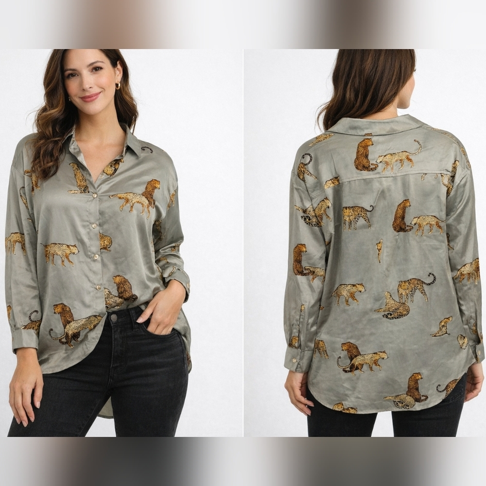 NWT Umgee USA Leopard Print Satin Blouse Hi-Low Button Front Women's XL - Picture 2 of 10